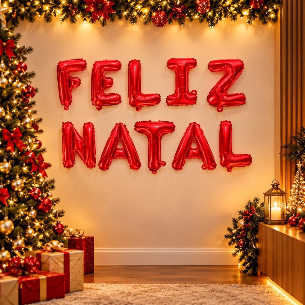 Dez balões de letras vermelhas formando Feliz Natal em cenário natalino ilustrativo.