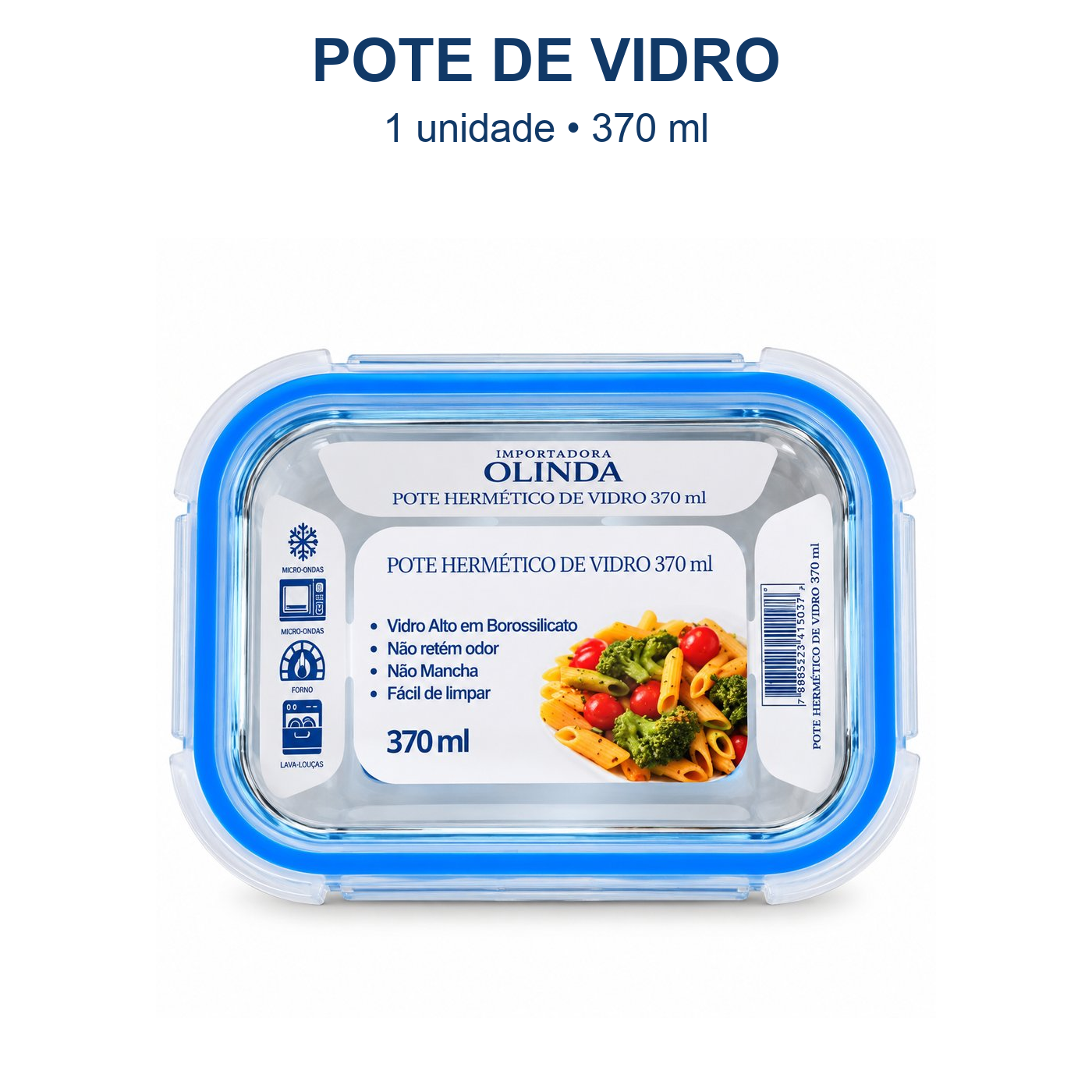 Pote de vidro retangular de 370 ml com tampa e borda azul; uma unidade.